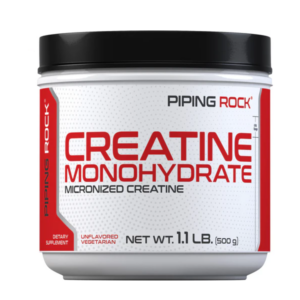 arattolo Piping Rock Creatina monoidrato micronizzata in polvere, 500 g (1.1 lb), creatina pura senza aroma, confezione bianca con dettagli rossi e tappo nero.