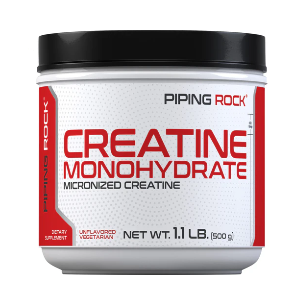 arattolo Piping Rock Creatina monoidrato micronizzata in polvere, 500 g (1.1 lb), creatina pura senza aroma, confezione bianca con dettagli rossi e tappo nero.