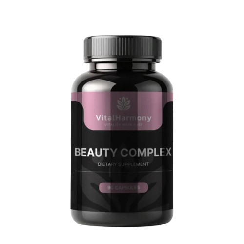 Flacone nero di Beauty Complex VitalHarmony, integratore alimentare con 90 capsule, su sfondo bianco.