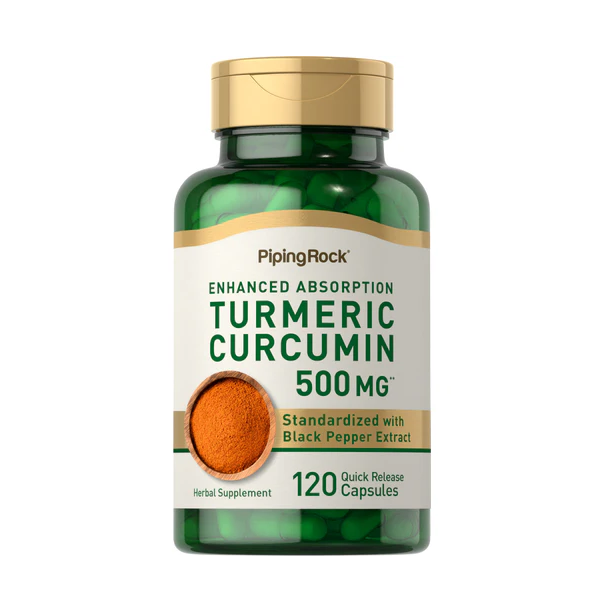 Flacone di PipingRock Curcuma e Turmerico 500 mg con estratto di pepe nero per un assorbimento ottimizzato, confezione da 120 capsule a rilascio rapido.