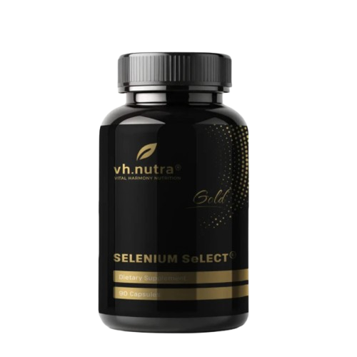 Confezione di Selenio + Vitamina E vh.nutra, integratore alimentare al selenio in flacone da 90 capsule, su sfondo bianco.