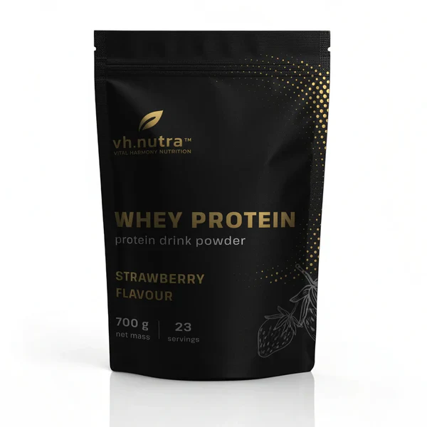 Confezione di VH.Nutra Whey Protein gusto fragola, proteine del siero di latte in polvere, formato da 700 g con 23 porzioni.
